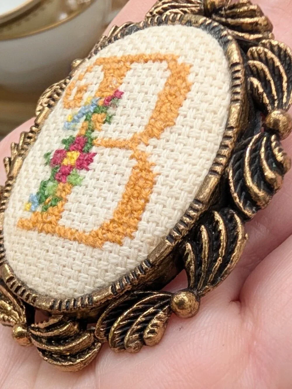 Vintage The Creative Circle Petit Point initial B floral brooch
